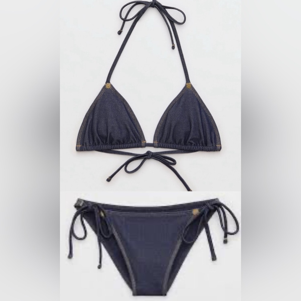NWT AE x Aerie FULL SET Match Made In Denim String Triangle Top + Tie Bottoms M